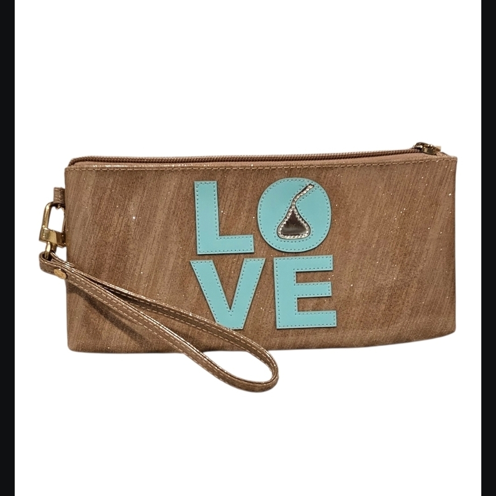 Brown Wristlet Clutch with Blue Accents